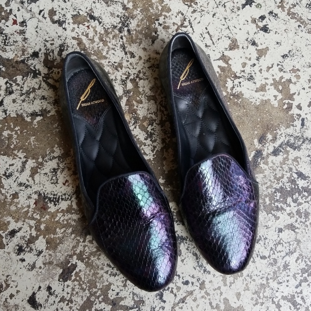 B Brian Atwood Claudelle Hologram Snakeskin Flats